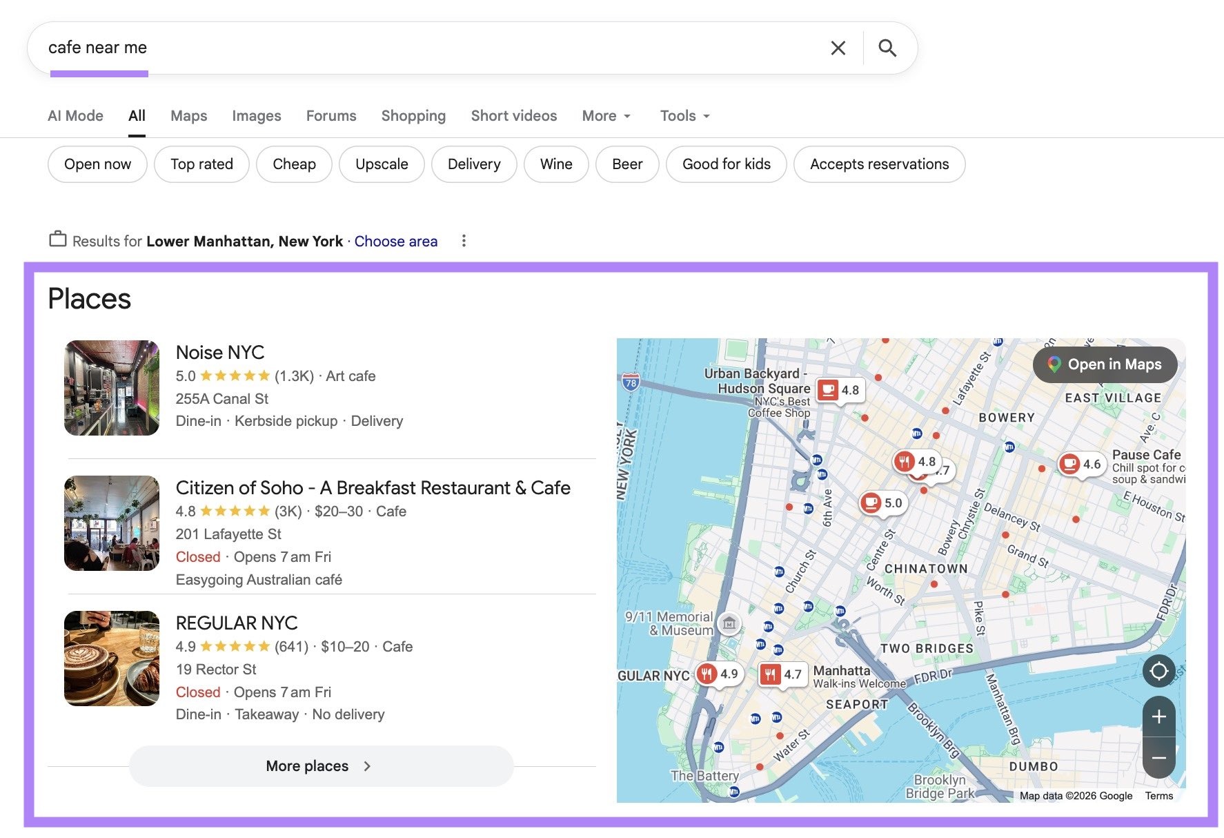 Google SERP for the term "cafe near me" with the local pack that appears at the top highlighted.