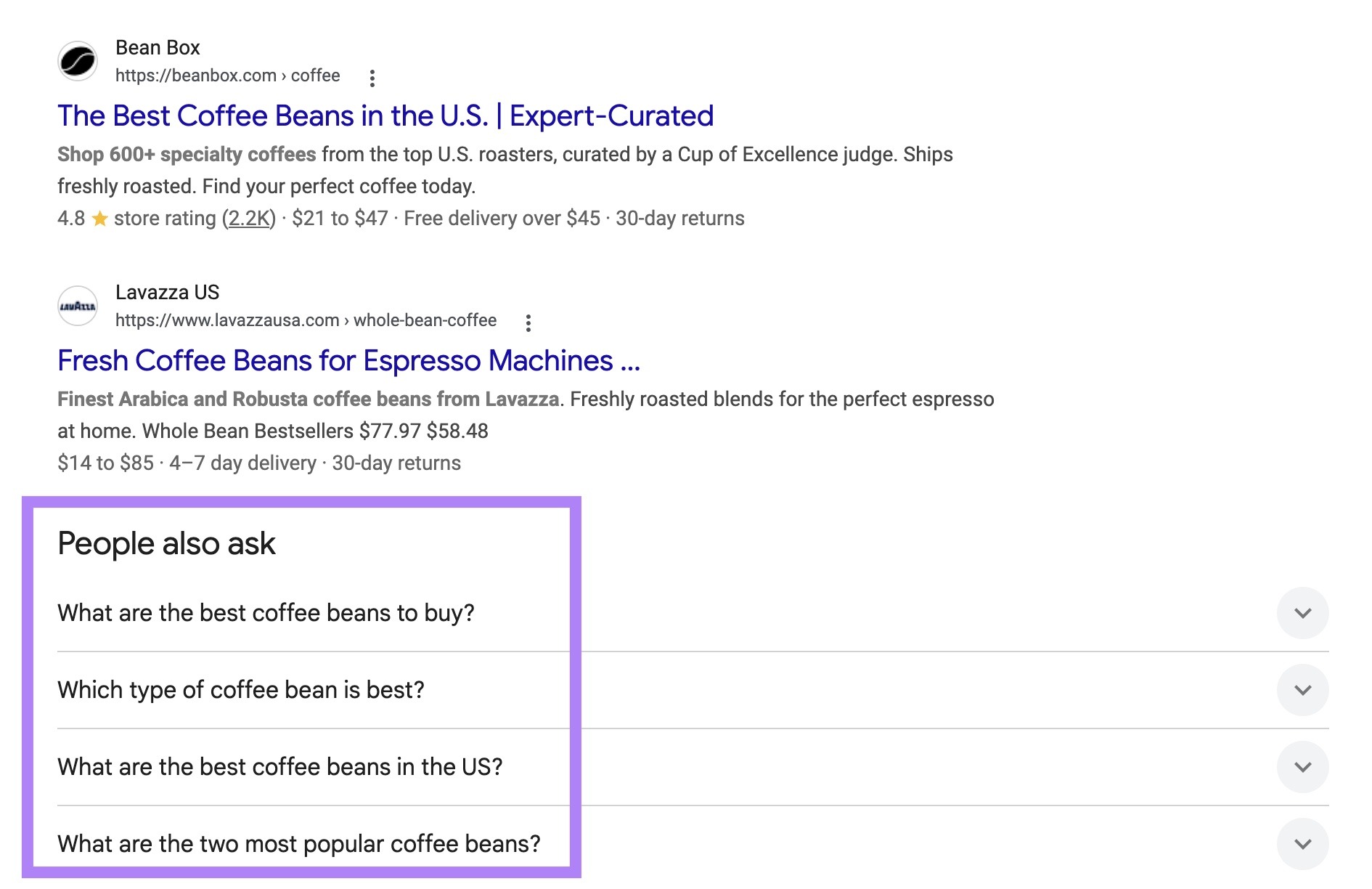 The "People also ask" section for the term "coffee beans" showing both commercial and informational questions.