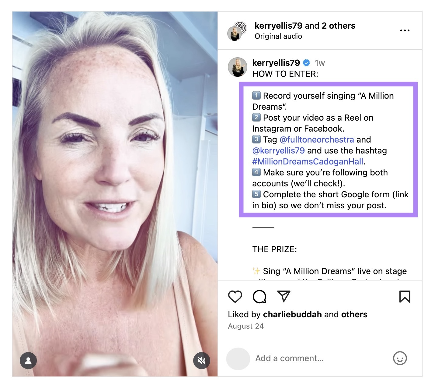 A UGC campaign by Kerry Ellis on Instagram incentivizing followers to create content to have a shot at winning a prize.