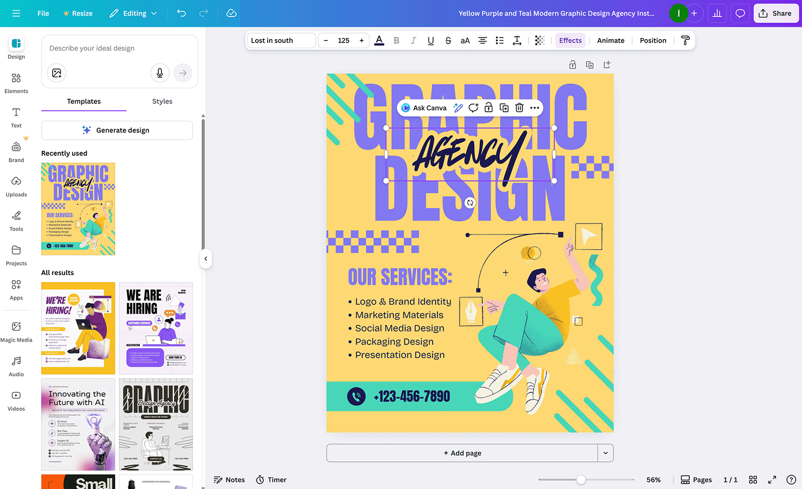 Canva editor showing a social media graphic template with text, illustrations, and design tools.