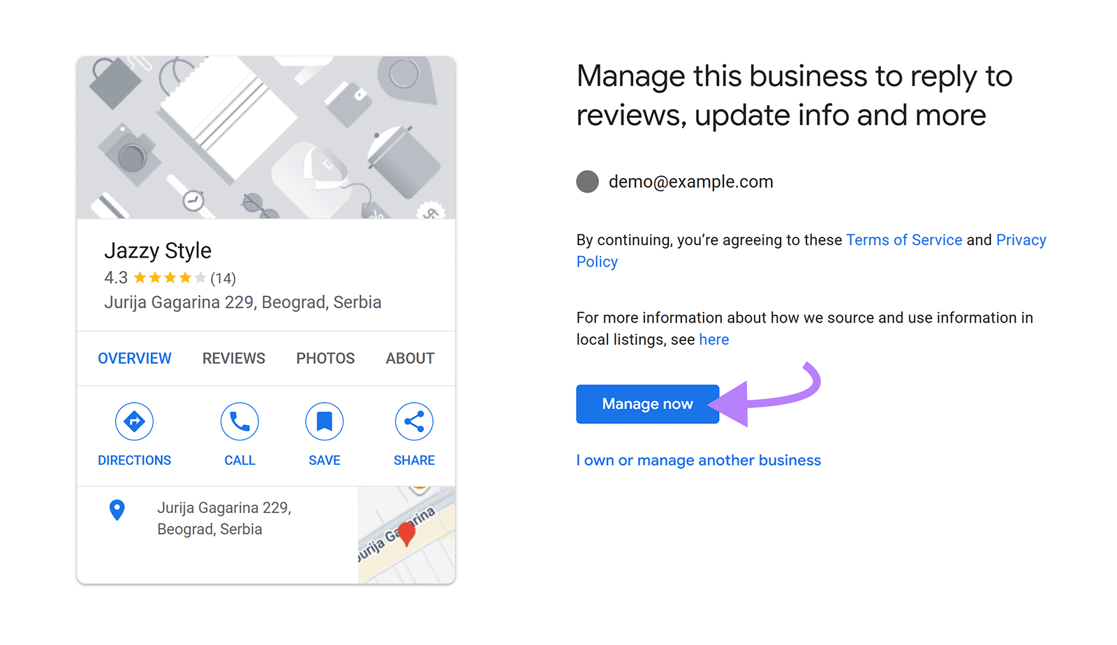 Business profile with arrow pointing to the “Manage now” button.