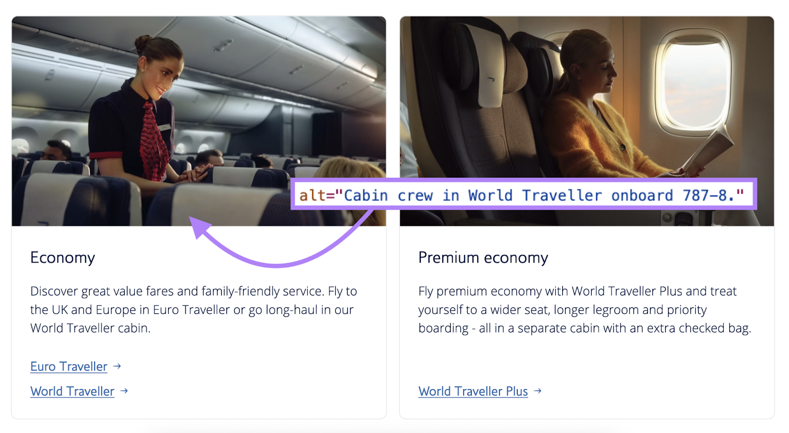 Alt text says, cabin crew in World Traveller onboard 787-8.