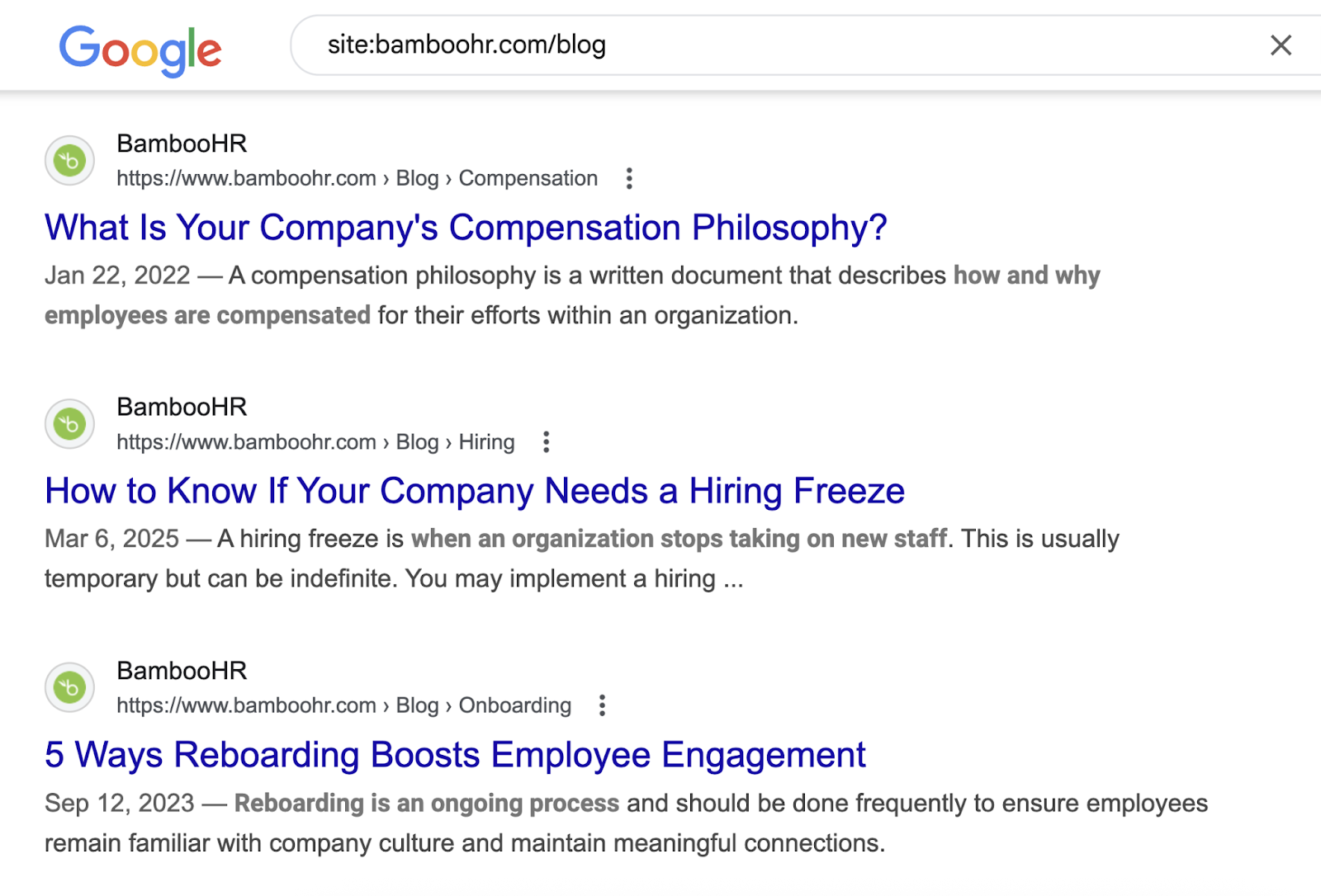 Search operators reveal blog ideas in this niche such as compensation philosophy, hiring freezes, and employee engagement.