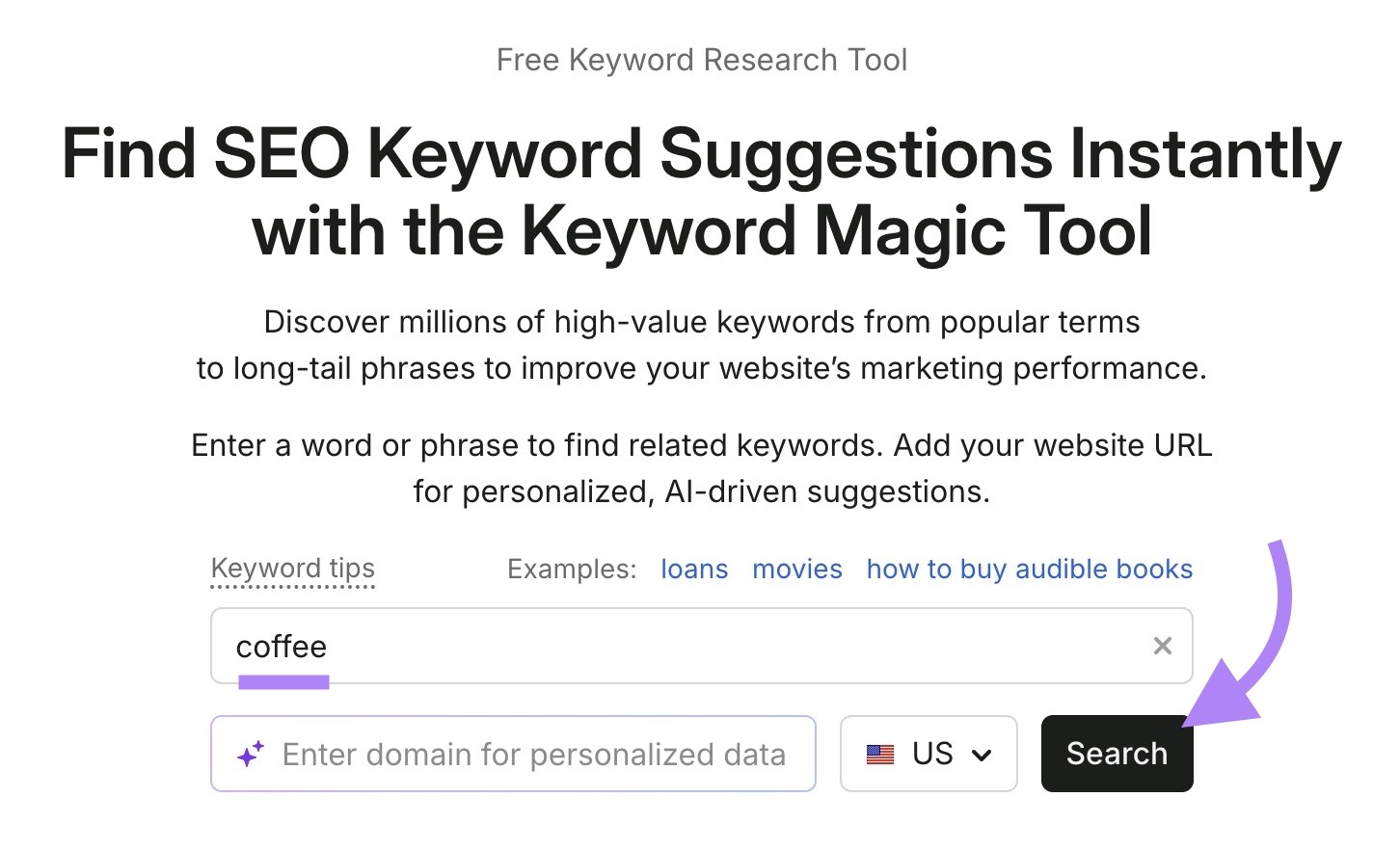 Keyword Magic Tool with "coffee" entered and "Search" clicked.