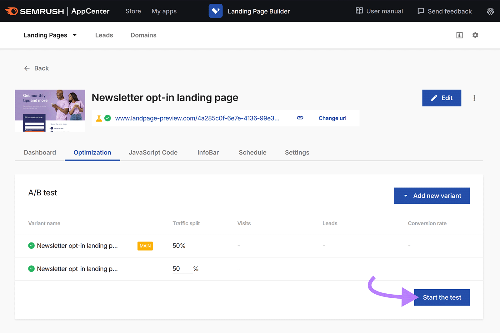 Optimization tab showing A/B test pages with arrow pointing to Start the test button.