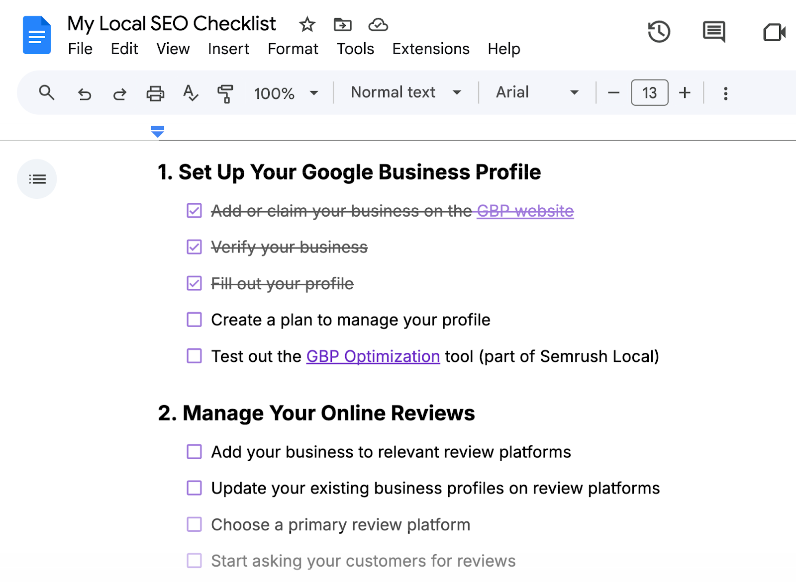The ultimate local SEO checklist template has checkboxes to cross items off your list.
