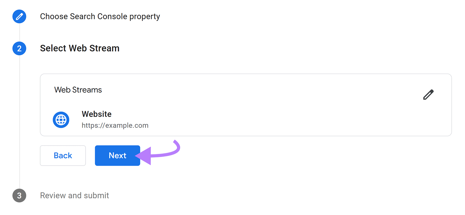Step 2 of linking flow showing web stream and arrow pointing to Next