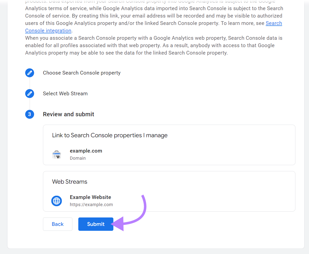 Link setup step 3 Review and Submit with arrow pointing to Submit button