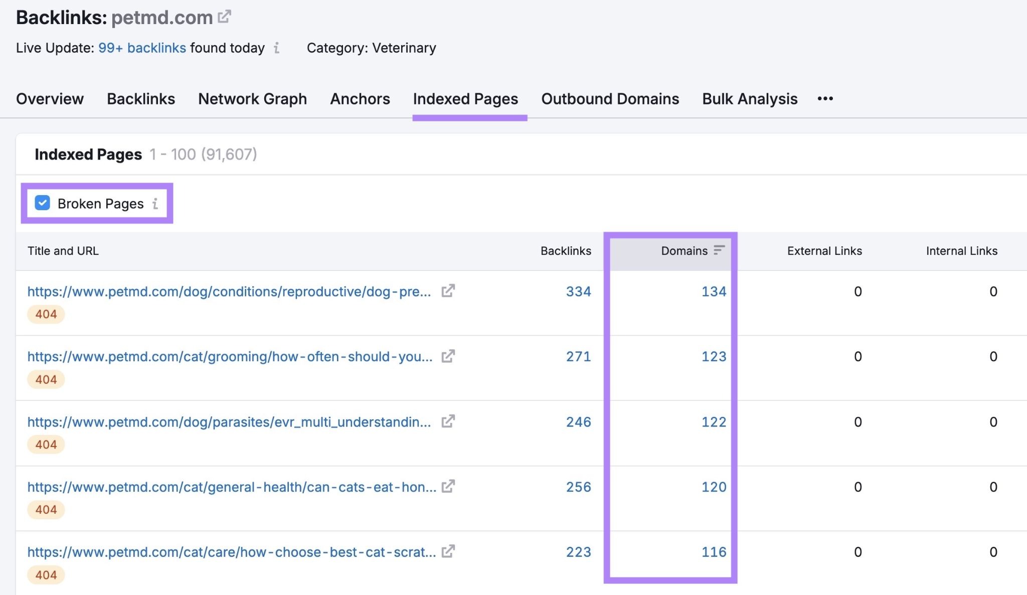 A list of broken competitor pages on the Backlinks tool with the "Domains" column highlighted.