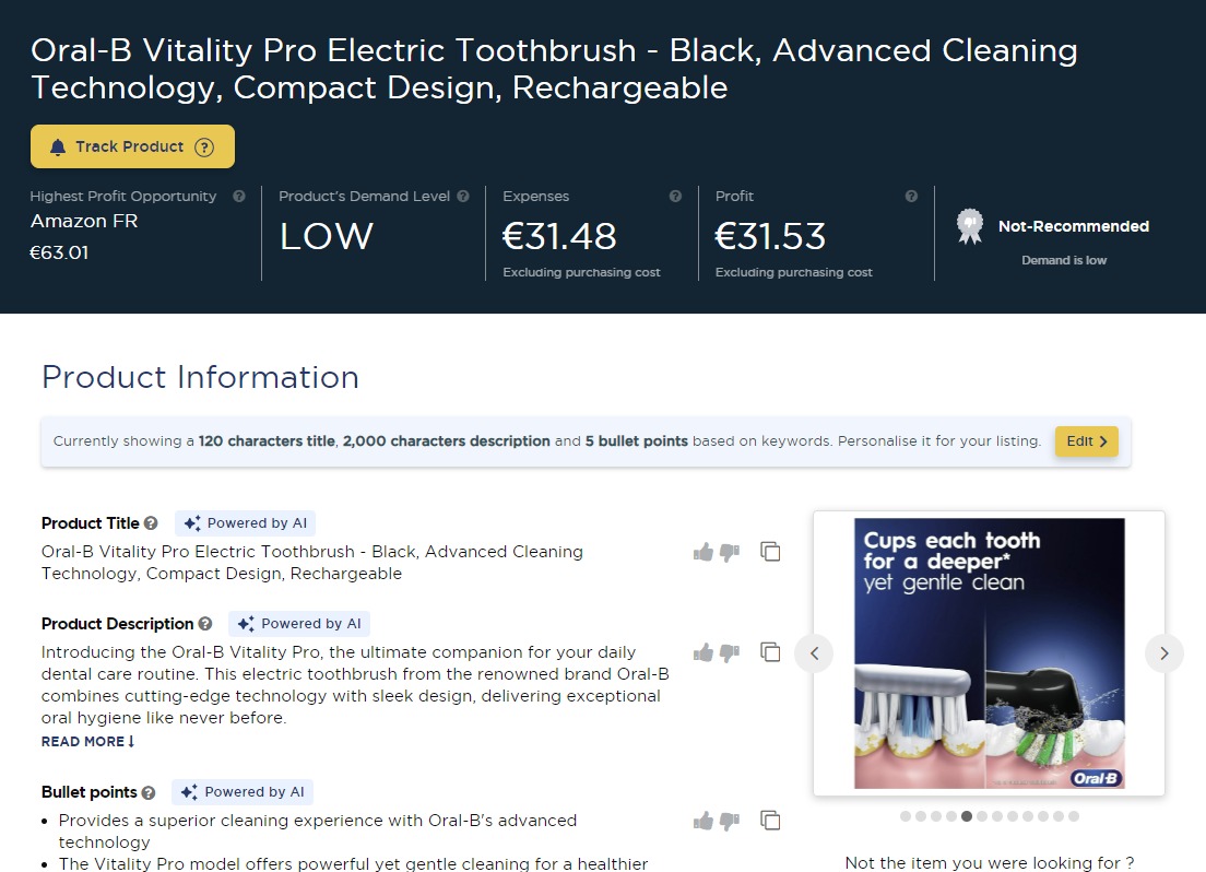 An example of results from the &lsquo;Single Product Analysis&rsquo; feature of Product Research Pulse.