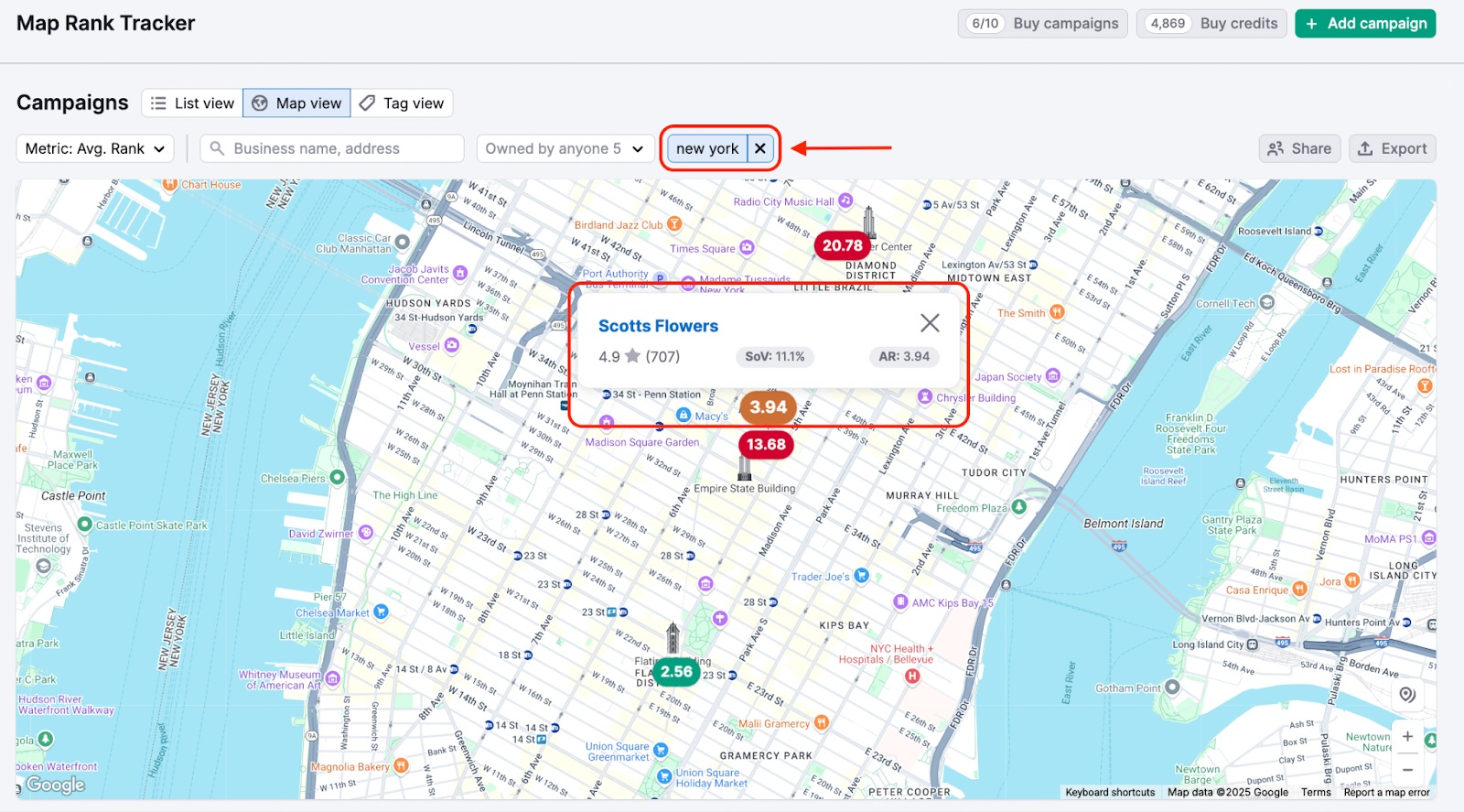 Map Rank Tracker Map view for campaigns tagged by geo area&nbsp;