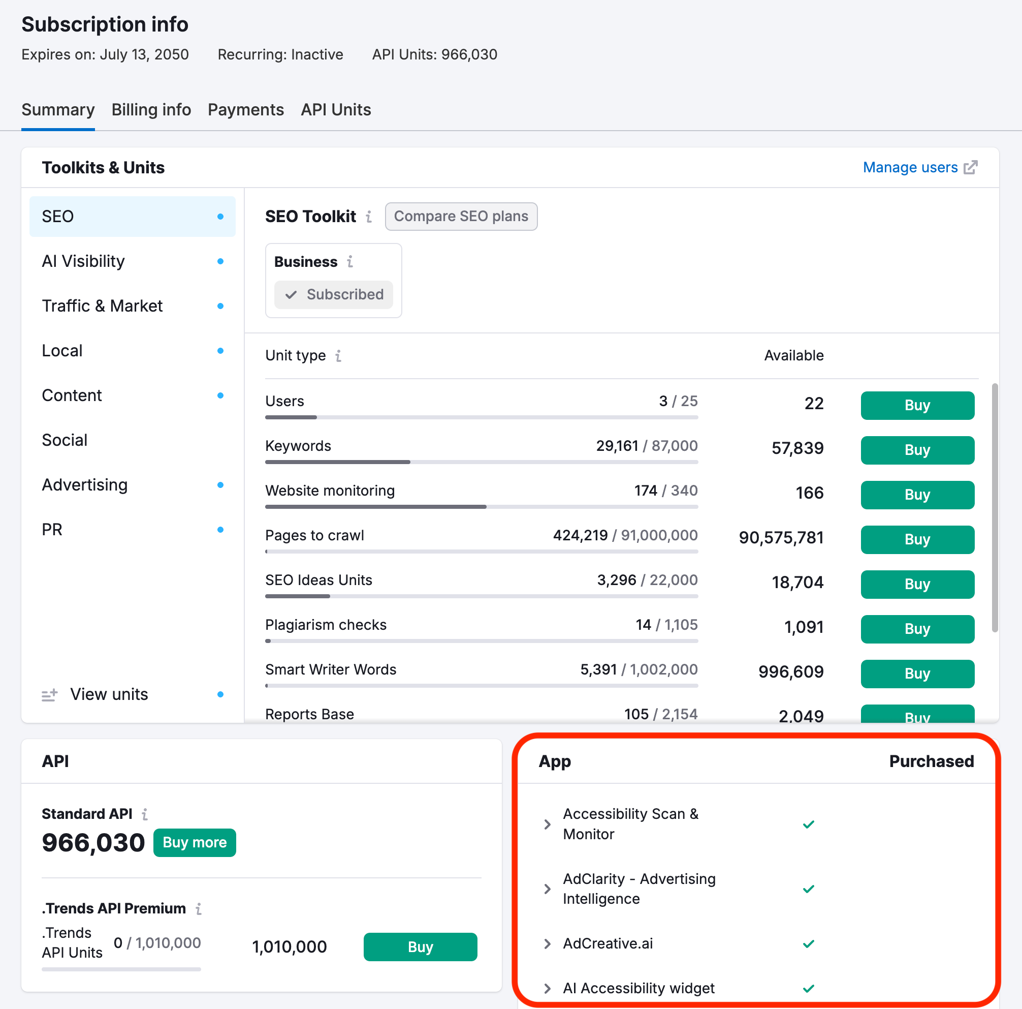 Subscription Info page showing the Apps section highlighted.