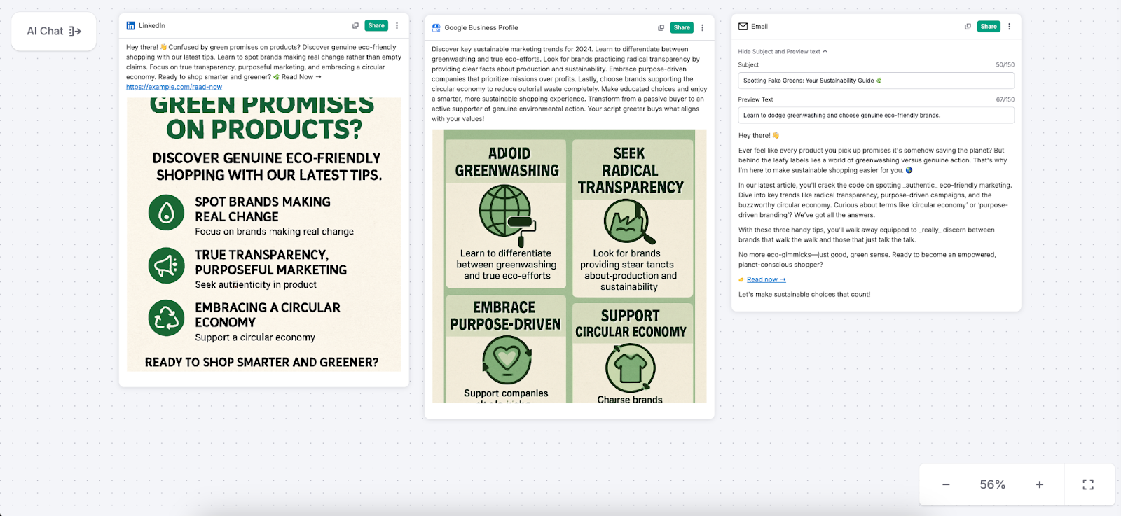 Board showing new content cards labeled LinkedIn, Email, and Google Business Post.